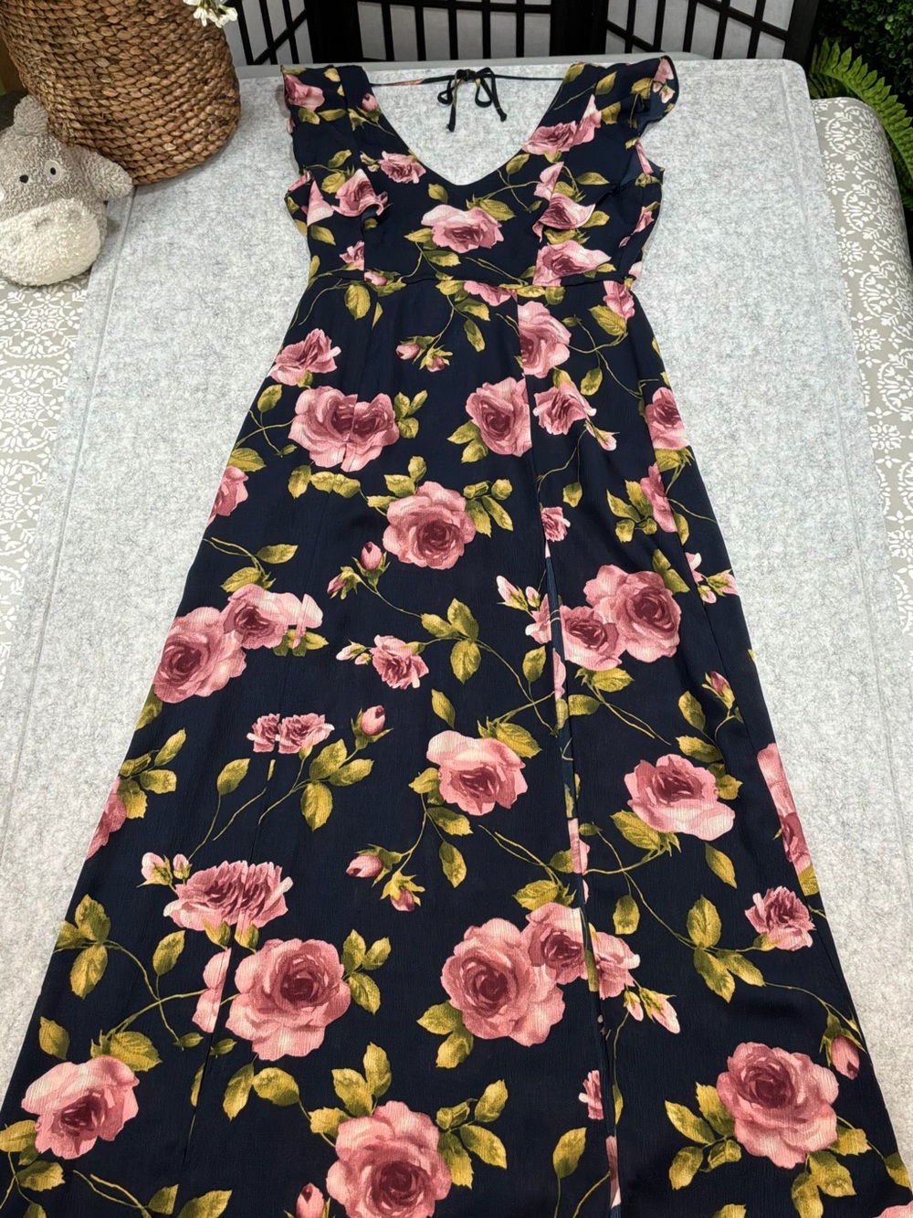 Francessca’s Miami Navy Floral Maxi Dress Romper w/ High Front Slits Women’s XL